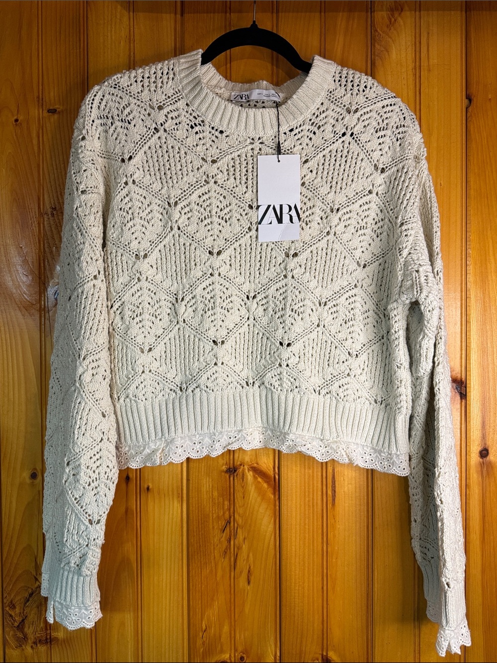 Zara Ivory Openwork Knit Sweater with Lace Hem Trim - Picture 1 of 11